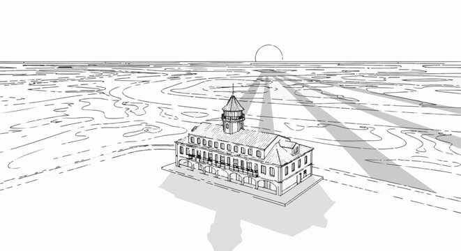 Stylized sketch of a coastal building with a sun setting over water