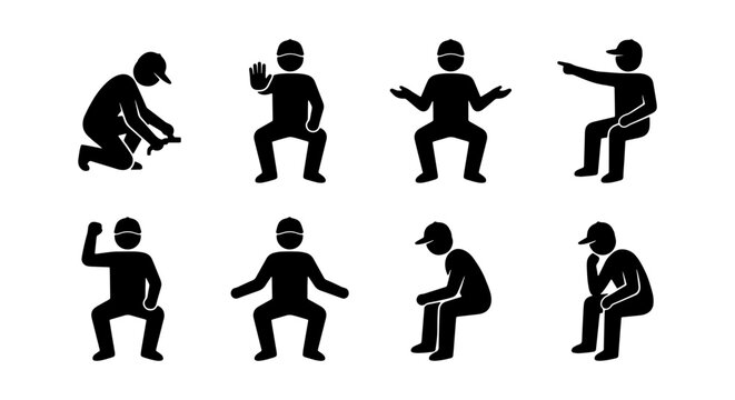 Stick Figure Poses Collection: Sitting, Squatting, Working, Gesturing, Thinking, 8 Icons