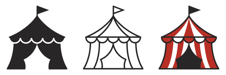 Circus tent icons set, featuring three circus tent designs including flat solid monochrome icon, thin black outline black and white icon, and full color flat icon with red and white stripes for  © Mizu Ahmed 2