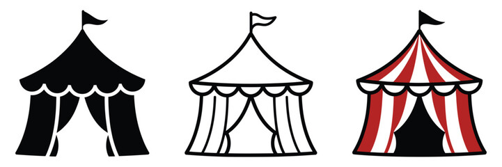 Circus tent symbol pack, trio of vector icons in flat solid black, minimal outline, and vibrant red white striped color style for carnival themes, show entertainment, performance events, and playful  © Mizu Ahmed 2