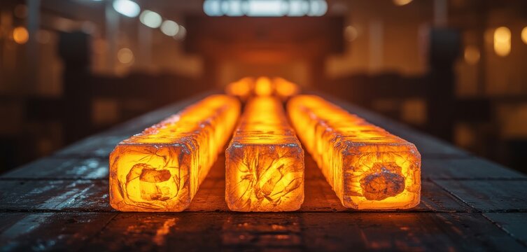 Glowing hot steel billets moving along a production line in a heavy industrial steel mill