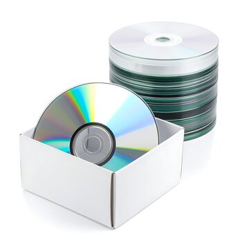 cds in box and stacked discs.