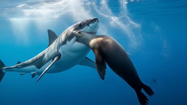 Underwater view of a great white shark attacking a seal in deep blue sea water
