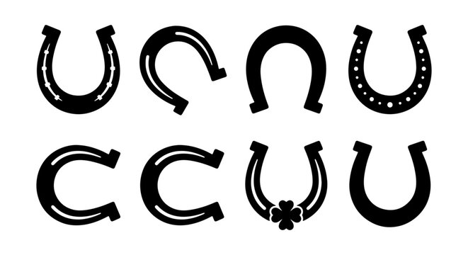 simple black and white vector graphic featuring eight different styles of horseshoes with decorative elements such as