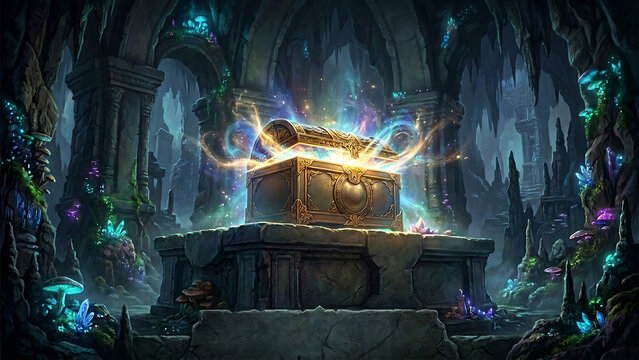 An ancient glowing box sits atop a stone pedestal in a mystical cave filled with mystical plants.