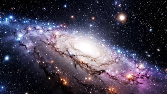 A vibrant, spiral galaxy with a bright core and scattered stars against a dark background