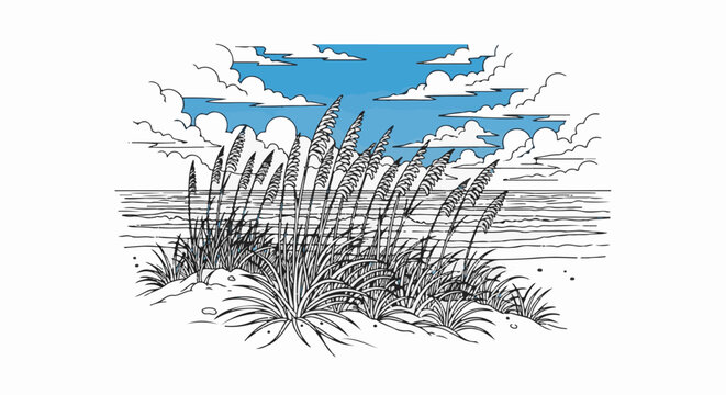 Tall beach grasses sway by the sea under a cloudy blue sky