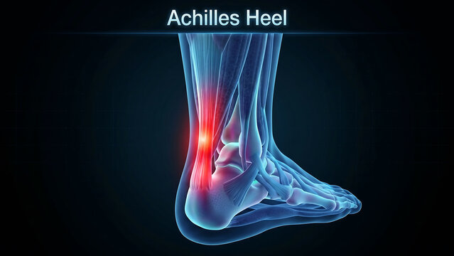 The Achilles tendon is inflamed and painful in the human ankle and foot.