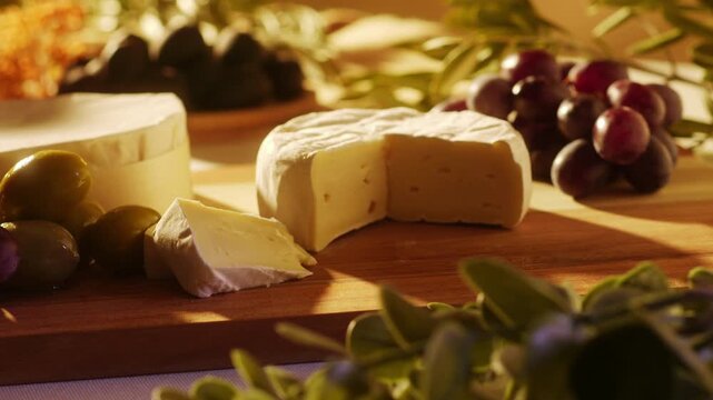 close up of a hand picking up a piece of camembert cheese from a rustic wooden board with red grapes green olives and fresh herbs in warm golden light