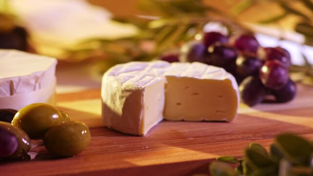 Hand picking up a round camembert cheese from a rustic wooden board surrounded by green olives grapes and herbs in warm golden light