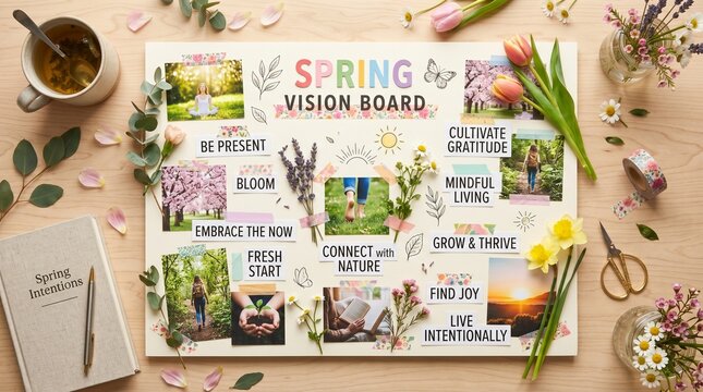 Spring vision board with motivational quotes and floral decorations  