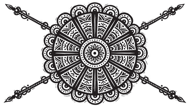 Knife mandala chain tattoo design with symmetrical lines, ornate filigree and dotted accents on white background