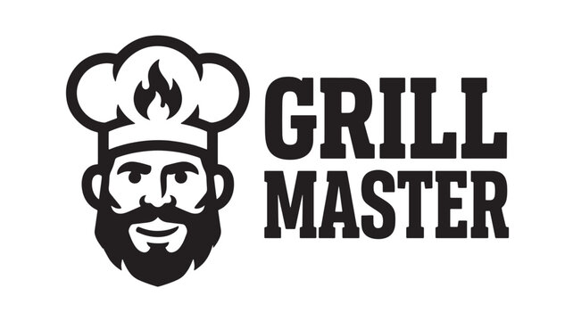 Grill Master logo with chef face and flame hat featuring cooking, barbecue, beard with mustache and icon elements for symbol, graphic projects, clean
