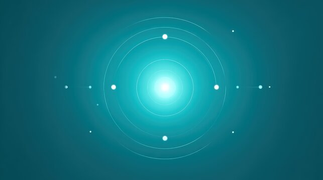 A digital illustration of an atomic model with electrons orbiting a bright nucleus against a teal background, ai Hyper-personalization abstract background