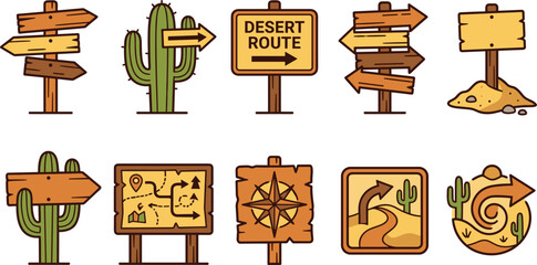 Desert Direction Sign Vector Set with Wooden Arrows Route Boards and Cactus Elements © Sabbir