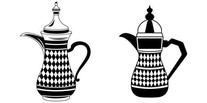 Two traditional Arabic dallah coffee pots with ornate diamond patterns, isolated on white.