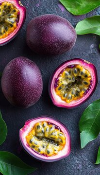 Close-Up of Fresh Passion Fruit Halves Exposing Yellow Pulp and Seeds on a Smooth Background