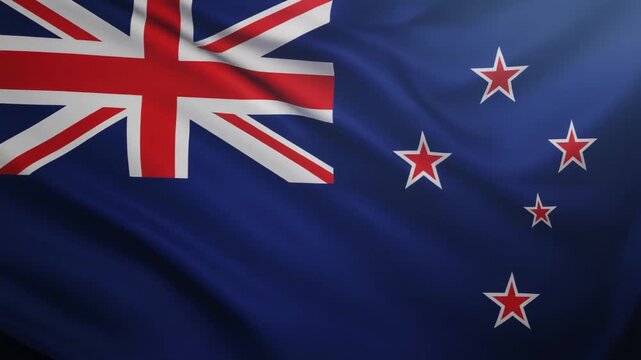 New Zealand flag with dark blue field, Union Jack corner, four red stars with white borders forming Southern Cross constellation.