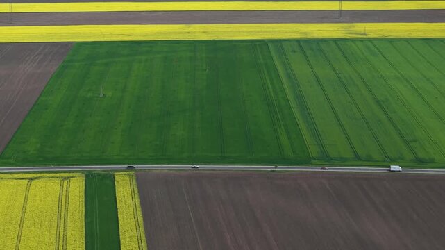 The image captures an expansive aerial view of diverse agricultural fields separated by a road with vehicles, highlighting modern farming and transportation networks.