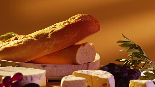 Hand placing a slice of crusty baguette on a rustic wooden board with camembert cheese grapes and olive branches in warm golden light