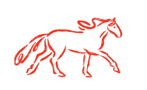Horse sketch, side view. Hand-drawn contour stallion in action, motion. Brush drawing, outline chalk scribble, equine animal walking, profile. Line vector illustration isolated on white background