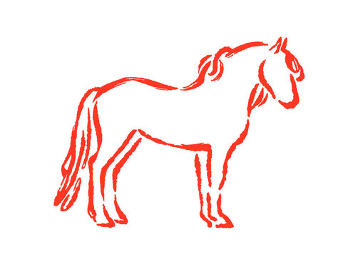 Horse, doodle sketch line drawing. Outline contour equine animal, handdrawn stallion in standing pose, side view. Brush stroke mare. Sketchy hand-drawn vector illustration isolated on white background