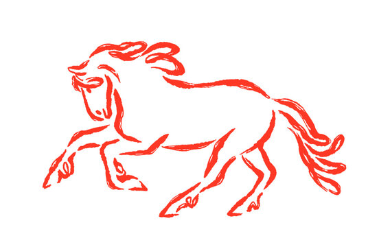 Horse sketch, side view, profile. Handdrawn contour outline equine animal. Stallion in action, motion, running. Brush line drawing, chalk scribble. Vector illustration isolated on white background