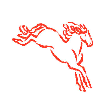 Horse jumping, brush line drawing in doodle sketch style. Hand-drawn contour equine animal in dynamic motion, action. Crayon brushstroke stallion. Vector illustration isolated on white background