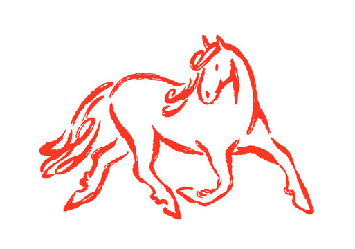 Horse running, looking back, sketch drawing. Handdrawn outline equine animal in doodle style. Stallion silhouette, brush line contour. Hand-drawn vector illustration isolated on white background