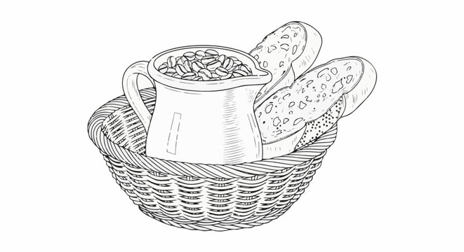 A woven basket filled with bread and a pitcher of coffee beans
