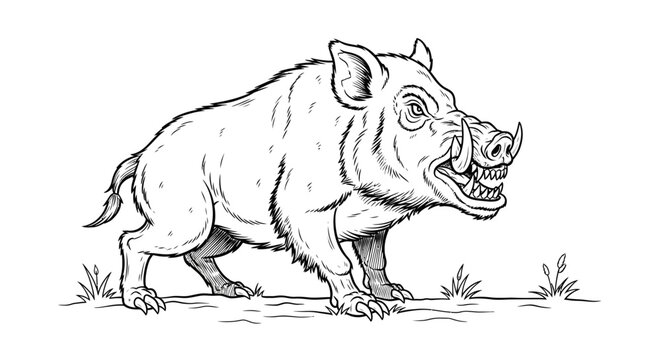 Aggressive wild boar line art drawing illustration with prominent tusks and baring teeth, depicted in a powerful stance, black and white sketch.
