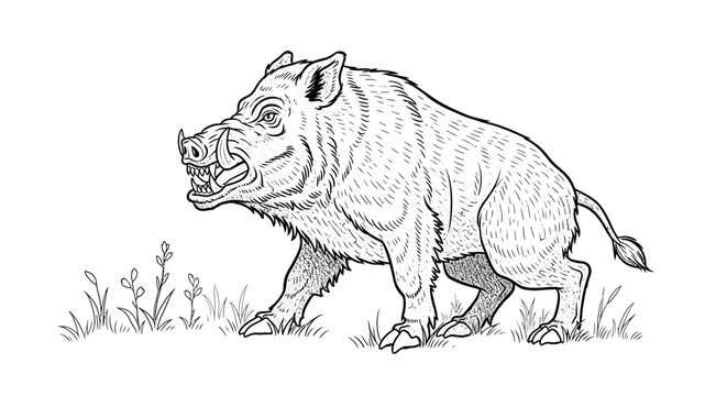 Aggressive Wild Boar Line Art Illustration with Tusks. Detailed Black and White Drawing of a Powerful Feral Pig.