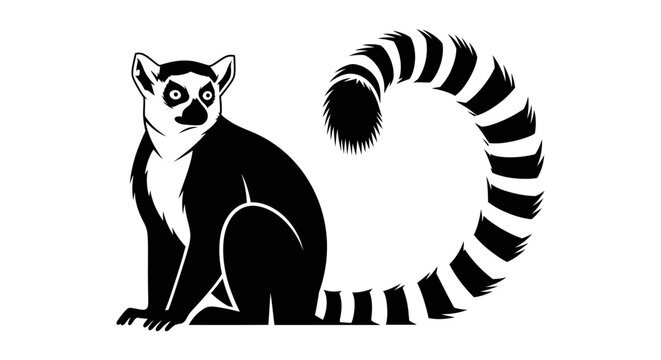 Black and white ring-tailed lemur vector illustration. Sitting primate with characteristic striped tail.