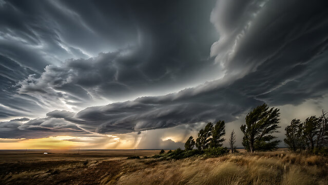 Dramatic stormy sky with tornado funnel cloud over field and trees