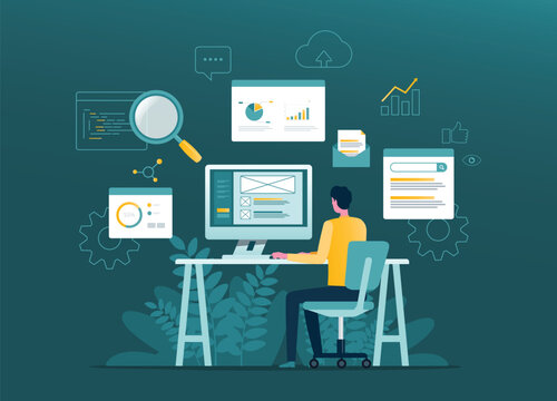 flat vector illusreation design digital marketing analytics and web development working concept and online content management concept