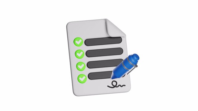 3d ux icon motion checklist document signed by blue pen, ideal for business, legal, office, paperwork, agreement, completion, signature, confirmation, contract concept.