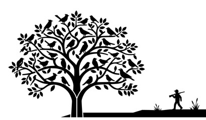 Obraz premium Birds on Tree with Hunter Scene Black and White Wildlife Silhouette Vector Illustration