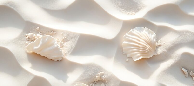 A Breathtaking Scene of White Dunes, Seashells, and Tranquil Ocean Waves Under a Clear Blue Sky