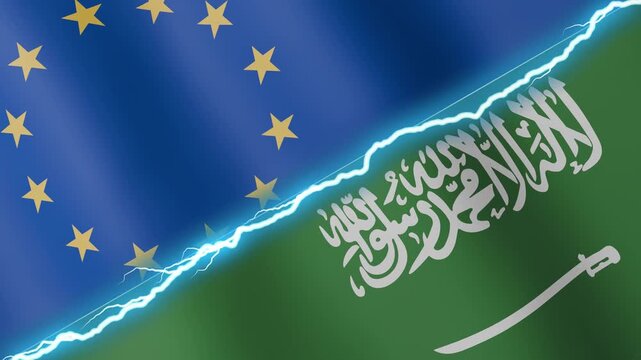 Two waving flags European Union and Saudi Arabia with diagonal lightning seamless, 4k loop