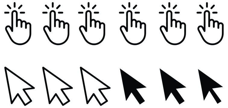 Click and cursor icons set, hand pointer and arrow mouse symbols vector illustrations representing user interface interaction, web navigation, and app control elements isolated on white background for