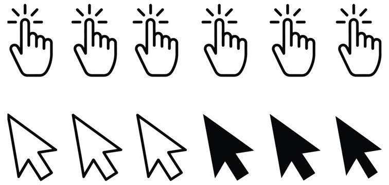 Click and cursor icon collection, hand pointer click gestures and mouse arrow symbols in flat vector style for website interfaces, application controls, digital navigation, and interactive user 