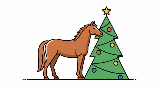 Brown horse stands beside a decorated evergreen Christmas tree with a star