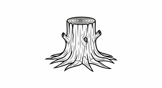 Black and white illustration of a tree stump with exposed roots and rings