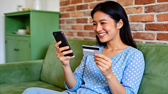 Woman using phone and credit card