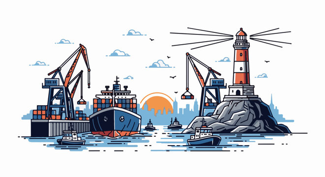 Cargo ships and tugboats navigate a busy port with cranes and a lighthouse