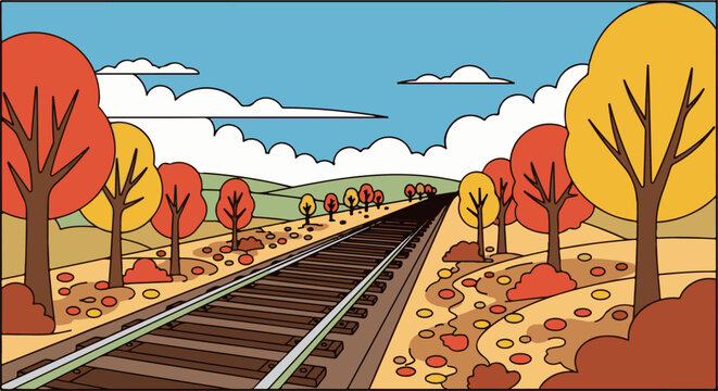 Autumnal trees line railroad tracks under a cloudy sky