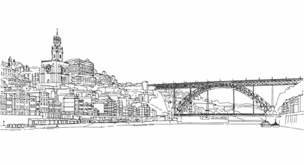 Fototapeta premium Artistic line drawing of a city skyline with a prominent bridge over a river