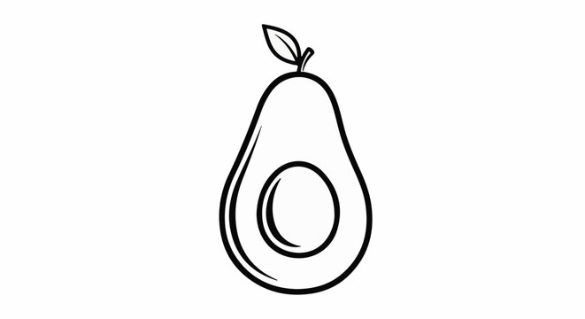 Black outline of a halved avocado with a pit and leaf
