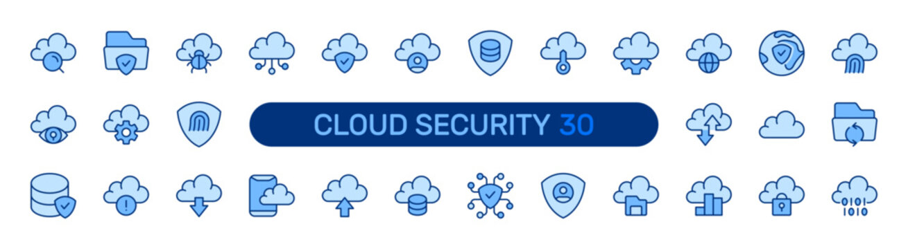 Cloud Security filled icon set. Digital Protection, Cybersecurity, Data Privacy, Secure Network, Encryption concept. Blue vector icons collection.