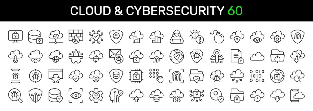 Cloud & Cybersecurity thin line icon set. Network Security, Data Protection, Privacy, Digital Technology, Encryption concept. Black outline vector icons collection.